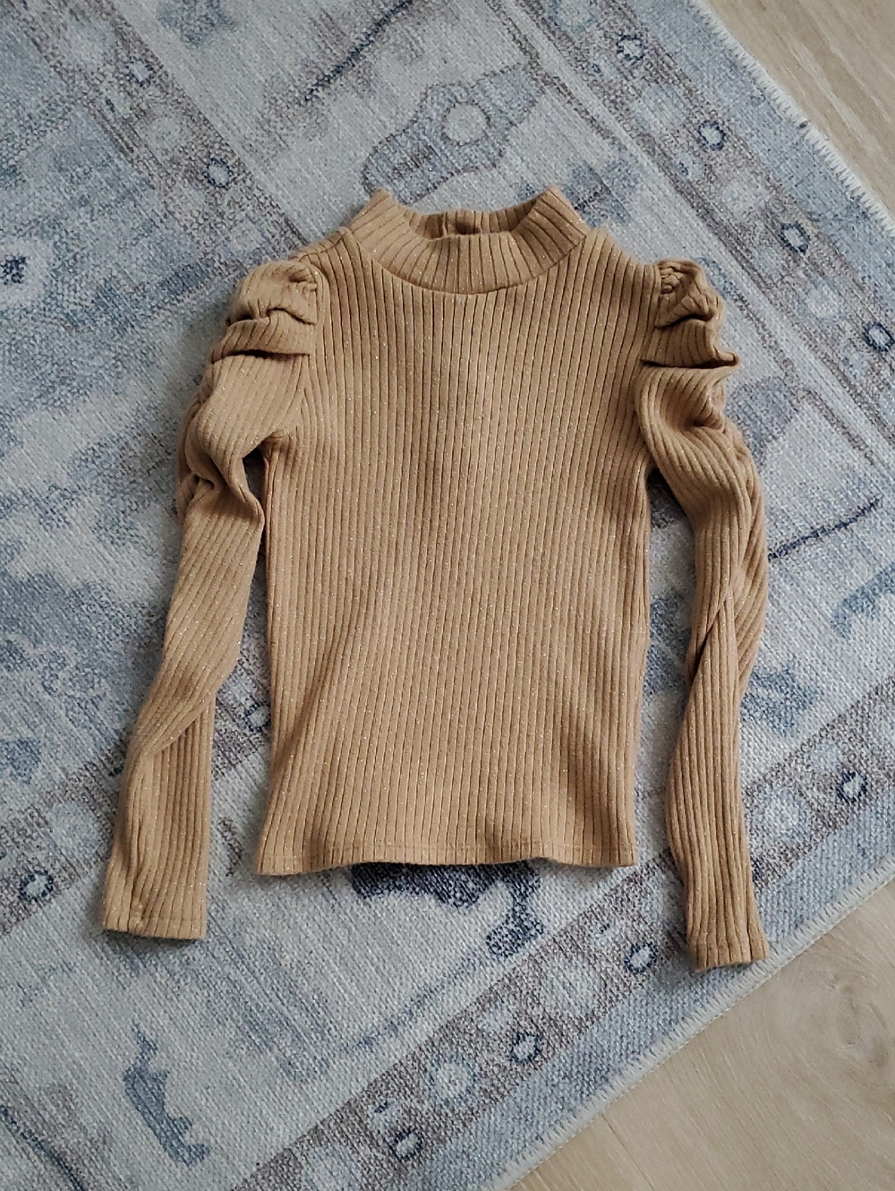 Janie and Jack Girls Tan Metallic Ribbed Puff-Sleeve Top Shirt Sz5